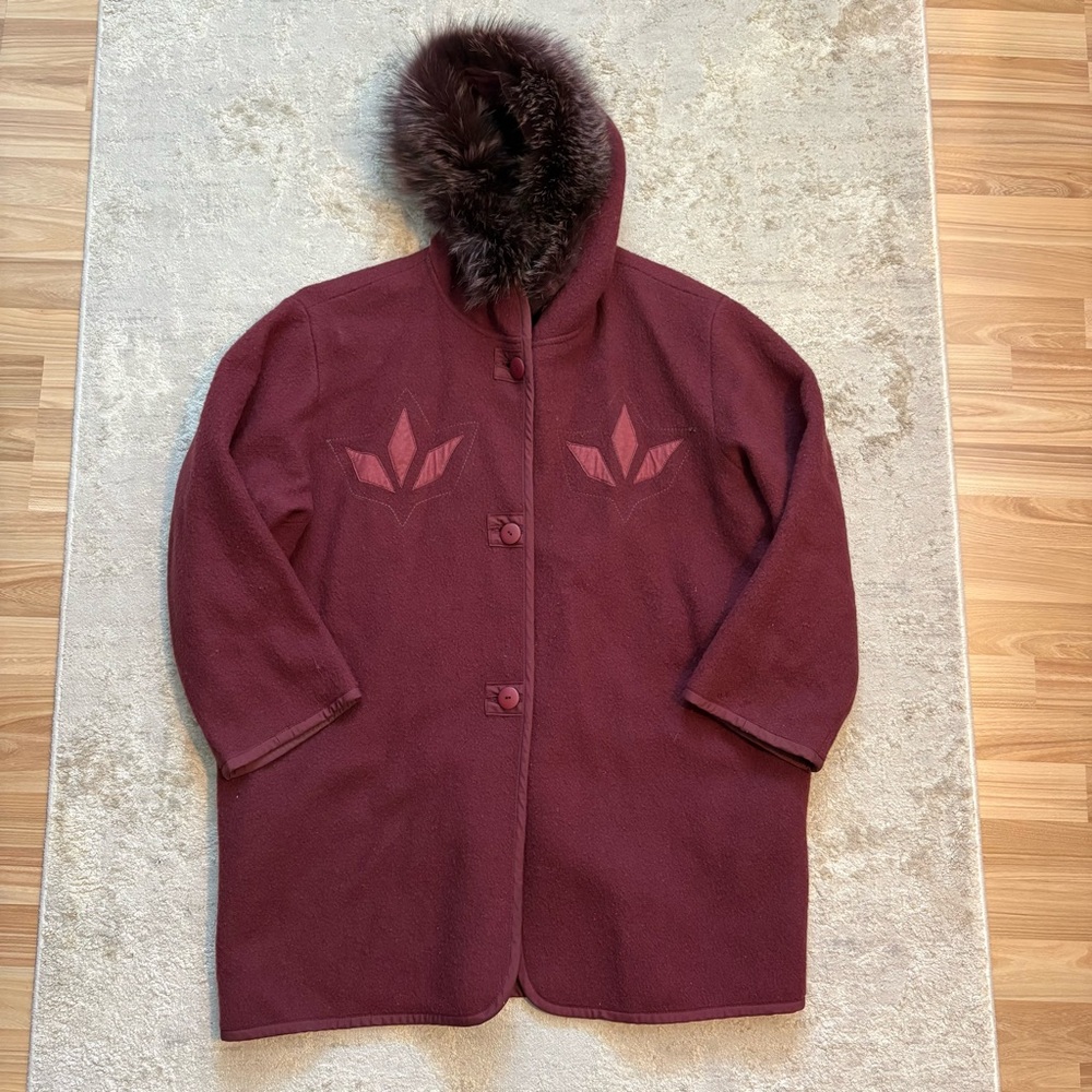 4 Saisons Canada Burgundy 3 in 1 Layer All Season Wool Fur Coat Size 14 - Picture 4 of 14